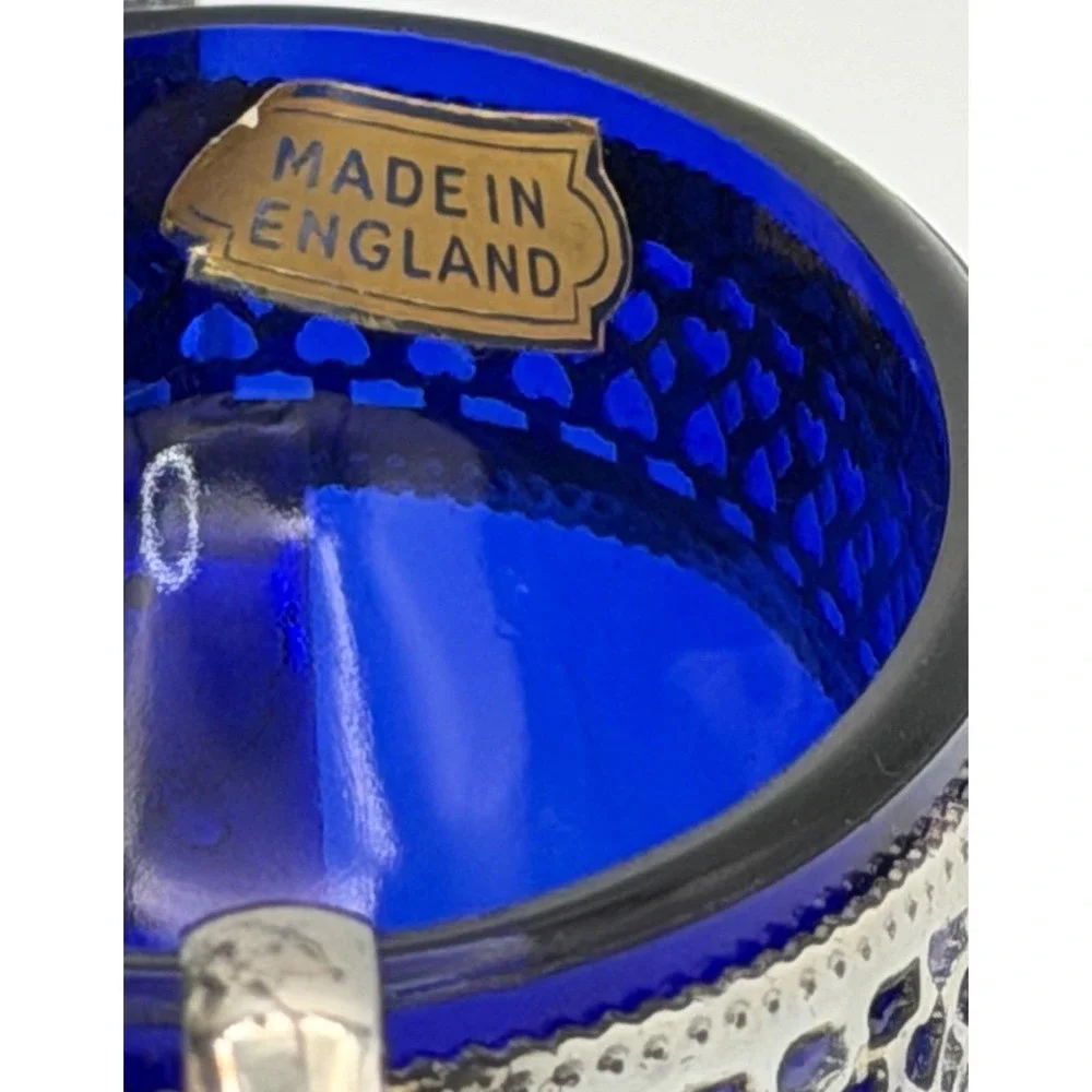 Sugar Bowl England Cobalt Blue Glass w/ Metal Holder Handles New w/ Wear